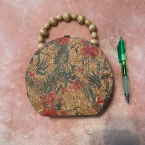 Floral Cork Handbag with Wooden Handle